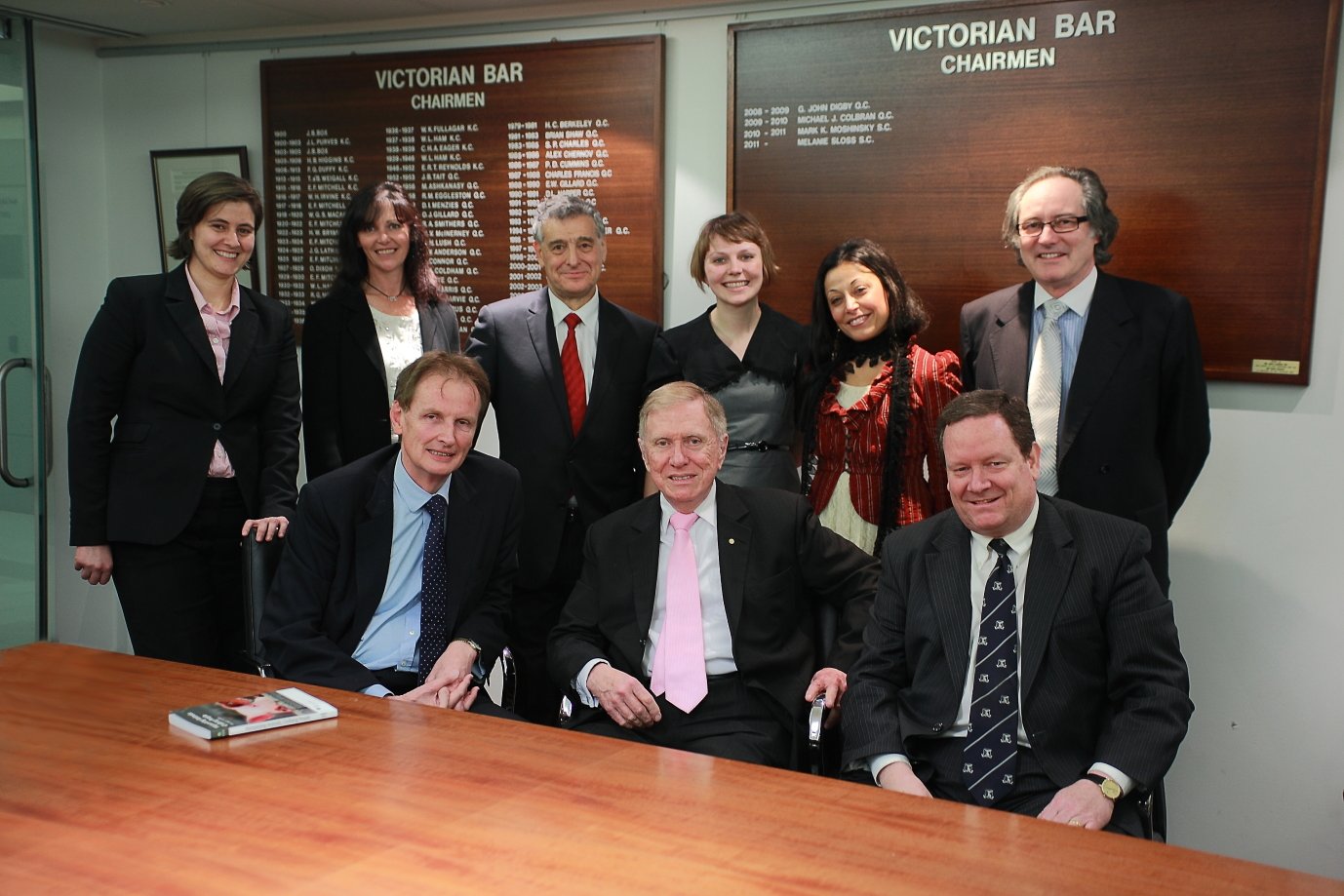 (Back row, l. to r.) Elizabeth Bennett of counsel; Debra Tranter of Oscar’s Law; Jack Hammond QC; Anastasia Smietanka, Deputy National Co-ordinator, BAWP; Shatha Hamade, National Co-ordinator; Andrew Phillips of counsel.                    (Front row, l. to r.) Graeme McEwen; the  Hon. Michael Kirby AC CMG; Josh Wilson SC.